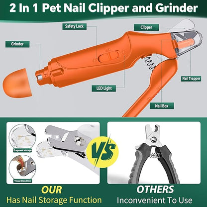 2 in 1 Dog Nail Clippers and Grinder with Lights & Cat Nail Clipper for Large Medium Small Dogs Cats Nail Trimmers USB Rechargeable with 2 LED Lights Dog Claw Care for Non-Black Nails