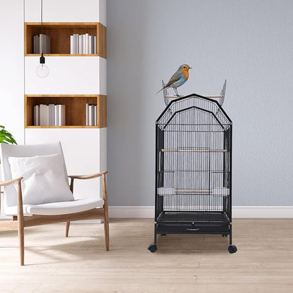 40-Inch Wrought Iron Bird Cage with Open-Top and Rolling Stand, Movable Parrot Cage Pet Bird Flight Cage, 360 Degree View Spacious Interactive Roof Pet Bird House for Medium&Small Birds