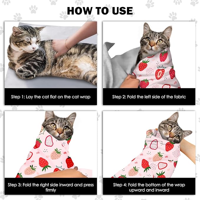 27.6" Cat Grooming Wrap, Self Adhesive Cat Wrap for Cutting Nails, Anti-Escape Calming Cat Swaddle Wrap for Medicine Ear Cleaning, Strawberry Anti-Scratch Cats Burrito Restraint Blanket, Pet Tool