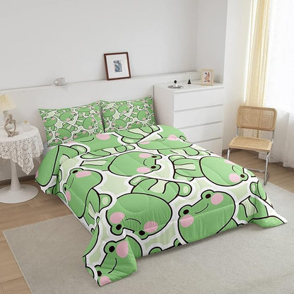 Cute Frog Comforter Set King Size, Kawaii Frog Bedding Set For Kids Boys Girls Teens, Green Wild Animals Farmhouse Down Comforter, Wildlife Rustic Funny 3Pcs Quilted Duvet All Season Bedroom Decor