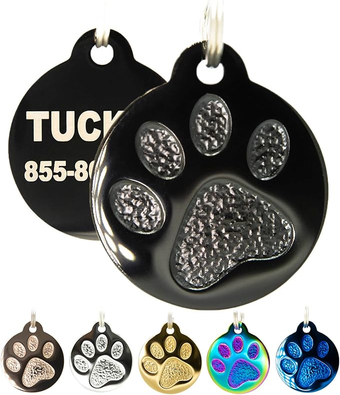 Engraved Pet Tag for Dogs and Cats - Personalized Front & Back up to 4 Lines of Text Custom Engraved ID, Round Paw Print Solid Plating Stainless Steel Black Small