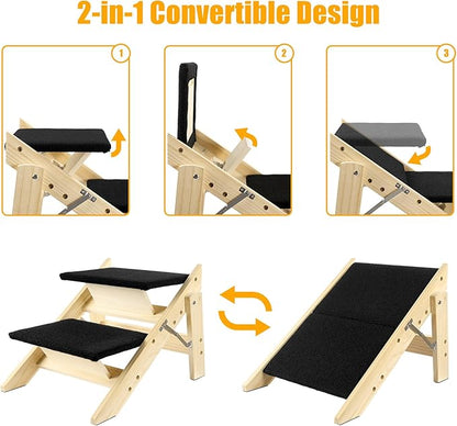 Foldable Dog Stairs/Ramp with 2 Steps - Durable Wooden Pet Stairs for Small, Medium, Large Dogs - Black (No Assembly Required)