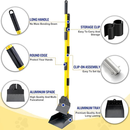 Dog Pooper Scooper,Tray and Spade Set Poop Scooper for Dogs, Adjustable Long Handle Metal Pooper Scooper with Bin for Pet Waste Removal, No Bending Clean Up for Medium and Large Dogs