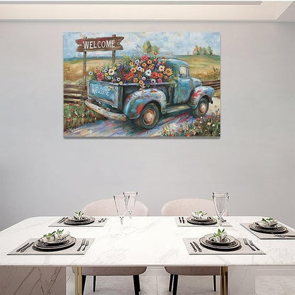 Farmhouse Truck Wall Art Rustic Country Wildflowers Wall Decor Road Flowers Landscape Pictures Canvas Print Painting Artwork for Bathroom Living Room Bedroom 16"x24"