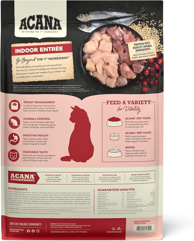 ACANA Dry Cat Food for Indoor Cats Indoor Entrée Chicken Turkey Whole Herring and Rabbit 10lb Bag
