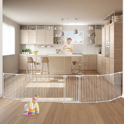 Extra Wide Baby Gate, 30" Tall 189" Wide Configurable Baby Gate Fireplace Safety Fence, Metal Pet Safety Playpen for Toddler/Pet/Dog Christmas Tree Fence (Whtie, 8-Panel)