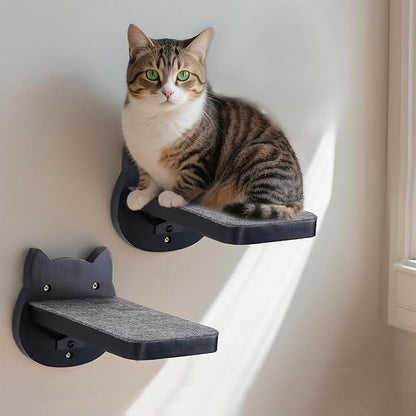 ESPETS Black Painted Solid Wood Cat Wall Climbing Steps Set of 3 - Wall Mounted Cat Floating Furniture Shelves and Perches, Sturdy Climber Stairs Ladders - Holds up 30lbs