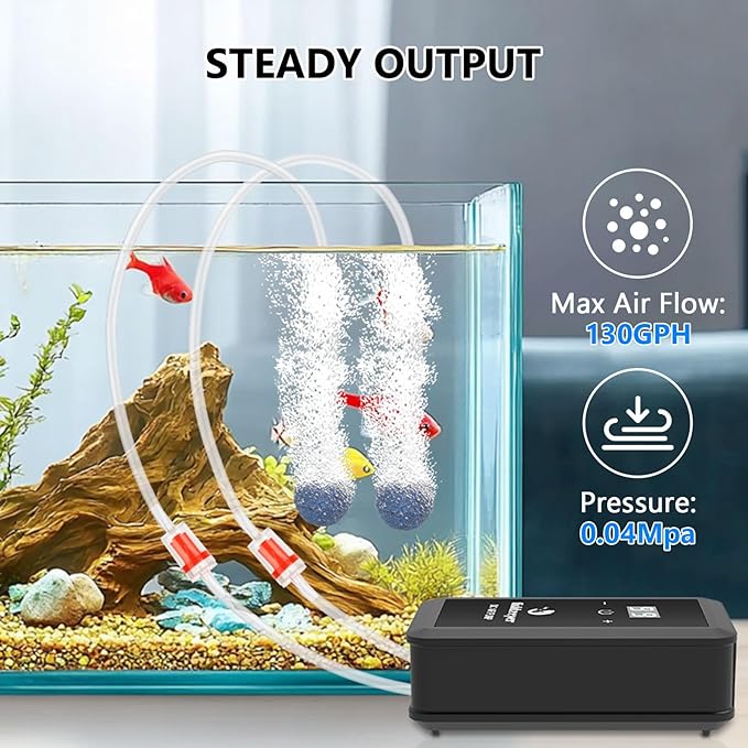 fishkeeper Aquarium Air Pump, 8W 130GPH Dual Outlet Fish Tank Air Pump with Adjustable Airflow Ultra-Quiet Oxygen Aerator Pump with Air Stone Bubbler for 10-120 Gallon Fish Tank