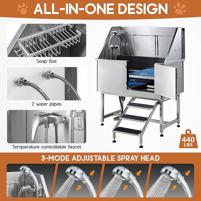 Albott 50 Inch Stainless Steel Dog Washing Station with Non-Slip Steps, Sprayer, Faucet, Soap Box – Professional Pet Bathtub for Small and Medium Pets, Use at Home, Garage, or Grooming (Right Door)