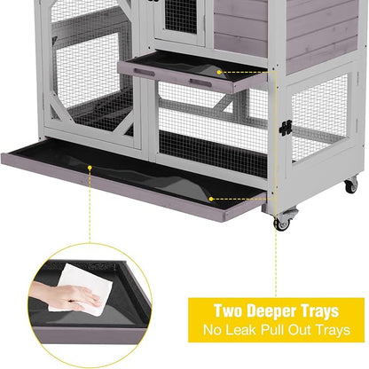 Aivituvin Rabbit Cage Indoor Outdoor Bunny Hutch on Wheels, 2 Story Wood Guinea Pig Cages with 2 Deeper Pull Out Trays (Gray)