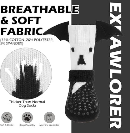 EXPAWLORER Halloween Anti Slip Dog Socks to Prevent Licking Paws, Boots & Paw Protectors with Grippers,Doggie Booties for Hardwood Floors for Small Medium Large Senior Dogs Costume White Ghost Wings M