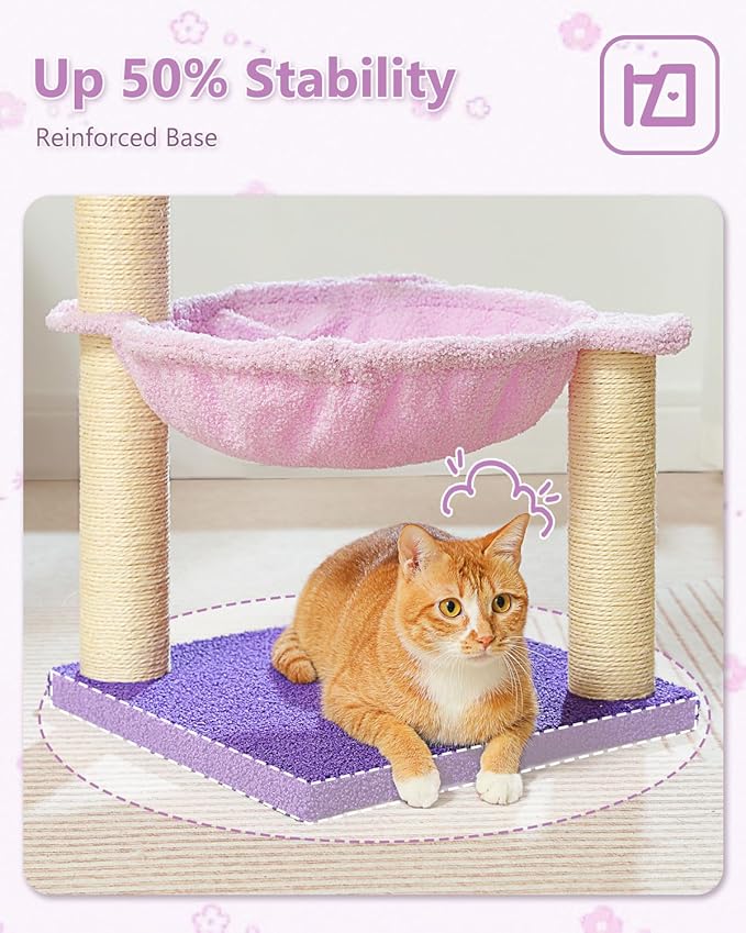 Flower Cat Scratching Post, 28" Cute Cat Tree Tower for Indoor Cats with Large Hammock Soft Perch Bed, Replaceable Toy Ball for Kittens, Purple