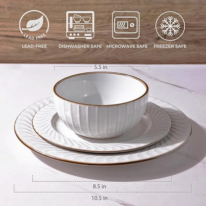 GBHOME Ceramic Dinnerware Sets,12 pcs Embossed Elegant Stoneware Plates and Bowls Sets, Housewarming Wedding Gift | Dishwasher & Microwave Safe | Dishes Set Service for 4
