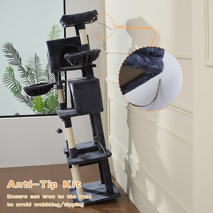 70-Inch Cat Tree,Large Cat Tree Tower with Hammock, Scratching Post, Condo and Multi-Level Cat Tower for Large Cats, Cat Activity Center Playhouse, Dark Gray LCT016