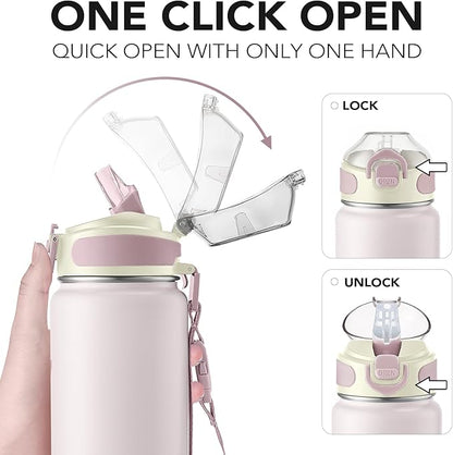 Enerbone 32 oz Insulated Water Bottle, Stainless Steel Bottle with Carrying Strap, Double-Wall Vacuum Insulation Design, Leakproof Sports Bottle with Straw, Keep Drinks Cold or Hot for Hours