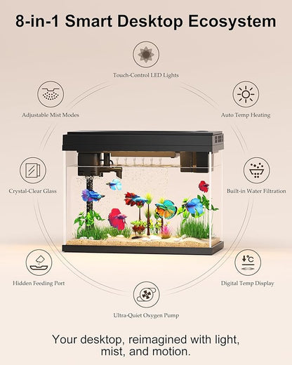 Fish Tank with Desktop Humidifier, 2.38 Gallon Quiet Eco Aquarium,Smart Touch LED Light & Temperature Display, Glass Mini Fish Tank