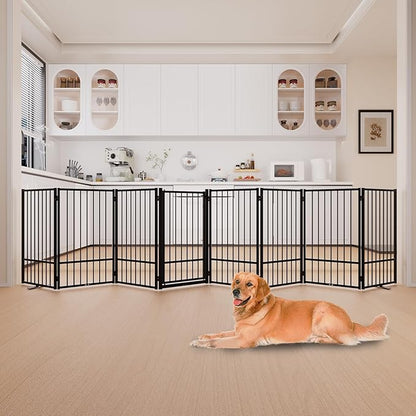 Full Metal Freestanding Dog Gate with Door, 36''Height Foldable Pet Dog Fence for Indoor & Outdoor, 8 Panels Extra Wide Free Standing TallDog Gates for Doorways,House,Stairs,Porch,Deck,Yard