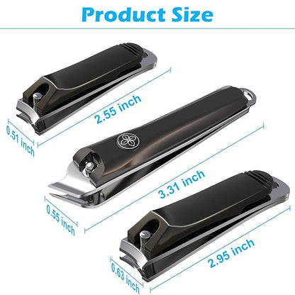 GLAMFIELDS 3pcs Nail Clippers Set, Black Stainless Steel Slanted Edge Nail Clipper & Fingernail & Thick Toenail Trimmer for Men and Women