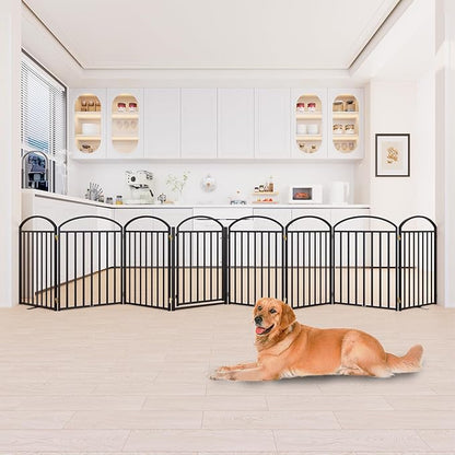 8 Panles Full Matel Freestanding Dog Gates with Door, 192"Extra Wide 32"Tall Free Standing Dog Pet Gate for Indoor & Outdoor. Foldable Pet Fences for Doorways, House, Stairs, Porch, Deck, Yard
