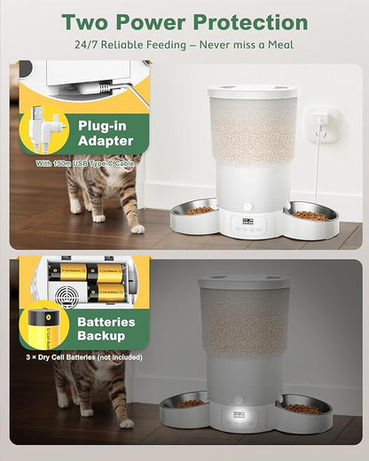 Gimars 5L Automatic Cat Feeder for 2 Cats, Programmable 1-6 Meals Cat Food Dispenser with Stainless Steel Bowl, Easy Setup, Dual Power Supply,10s Meal Call Timed Pet Feeder for Cats and Small Dogs