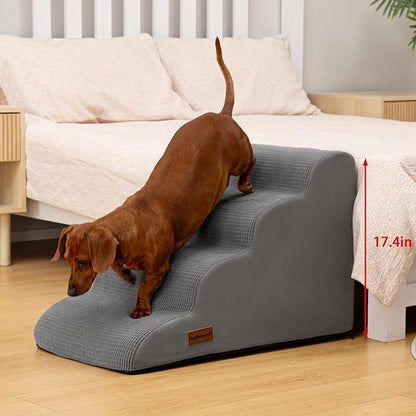 4-Step Dog Stairs and Ramp for Beds or Couches – Non-Slip Sturdy Pet Steps for Small Dogs and Cats,17.4" H,Grey
