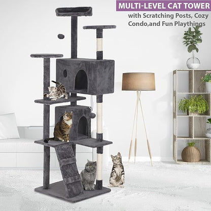 70 inches Cat Tower for Indoor Cats Multi-Level Cat Condos for XL Cat Tree Cat Climbing Tower with Scratching Posts, Hanging Toys,Light Gray
