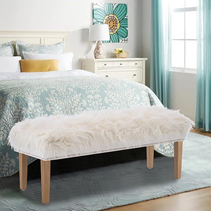 46 Inch White Bedroom Bench, Modern Multi-Purpose Bench with Wooden Legs, Faux Fur Upholstered, 3-Seater, 220 lbs Weight Capacity