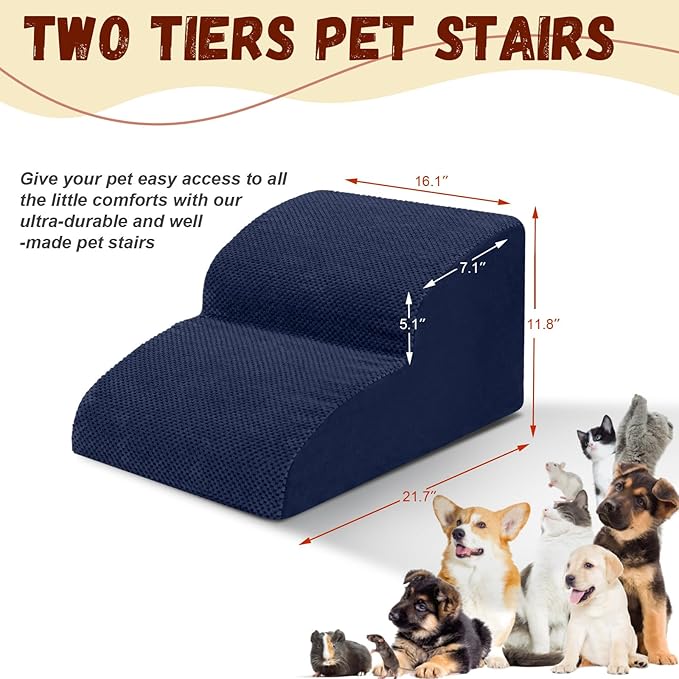 Dog Stairs for Small Dogs - High Density Foam Pet Steps, Extra Wide Dog Ramp with Non-Slip Bottom for High Beds, Couch and Sofa, Best for Dogs Injured, Older Doggy Cats,2 Steps, Navy