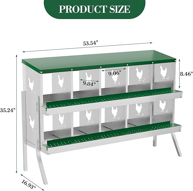 10 Hole Chicken Nesting Box with Roll Out Egg Tray, Rustproof & Ventilated Chicken Laying Boxes for Hens, Chickens, Ducks | Easy-Clean Poultry Coop Accessories, Green with Stand