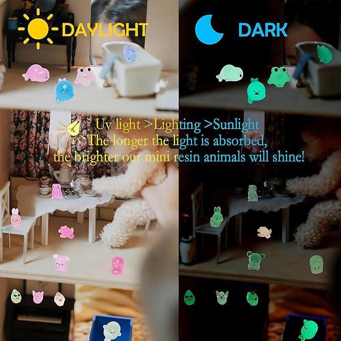 72 Types Luminous Mini Resin Animals, Plastic Tiny Resin Animals to Hide Prank,Mini Animals Figures for Fairy Garden, Dollhouse,Terrariums, Potted,Cake Topper, Miniature Landscape Ornament