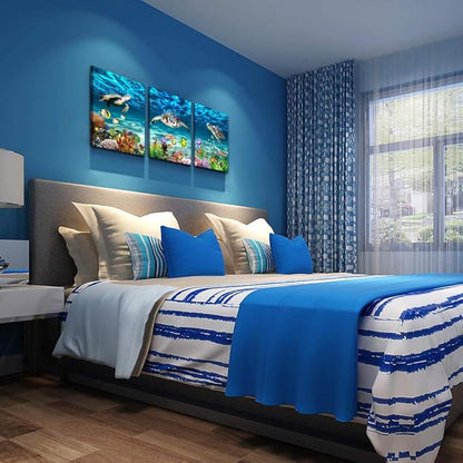 AHUASJART Canvas Wall Art for Living Room family Wall decor for Bedroom Bathroom Wall Decoration blue Ocean Sea Turtle Paintings Modern shark Pictures Artwork office Ready to Hang 12" x 16" 3 Piece