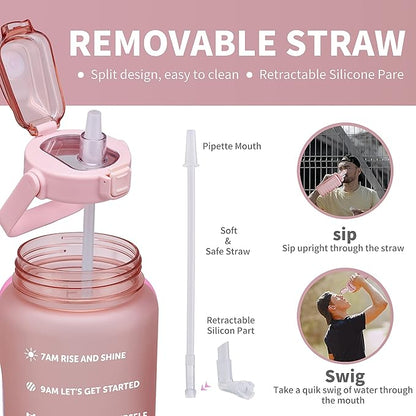 64oz,100oz,128oz Large Motivational Water Bottle with Time Marker, Leakproof & BPA Free Half Gallon Big Water Bottle with Straw Handle Tritan Frosted Water Jug for Gym,Fitness,Outdoor Sports