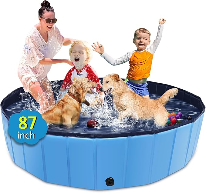 Foldable Dog Pool, 87" x 14" Large Kiddie Pool with Hard Plastic, Non-Slip Dog Bath Tub for Outdoor Backyard, Collapsible Dog Swimming Pool for Kids Dogs Pets (Blue)