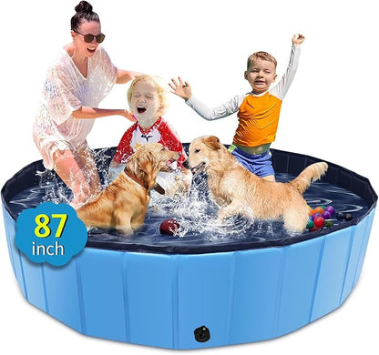 Foldable Dog Pool, 87" x 14" Large Kiddie Pool with Hard Plastic, Non-Slip Dog Bath Tub for Outdoor Backyard, Collapsible Dog Swimming Pool for Kids Dogs Pets (Blue)