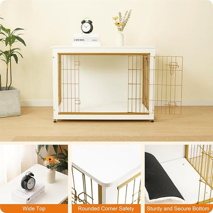 DWANTON Dog Crate Furniture with Cushion, Wooden Kennel Table with Double Doors, Indoor Dog House, Large Size, 38.5" L, White