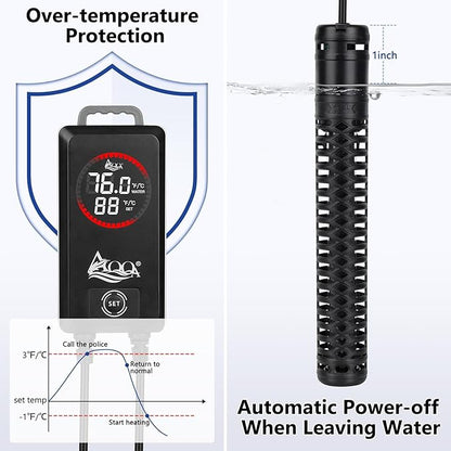 AQQA Aquarium Heater,Submersible Fish Tank Heater 59-93°F/15-34°C External Controller,Rapid Heating,Ultra-high Temperature Protection,Automatic Power-Off When Leaving Water (300W for 53-80 Gallon)