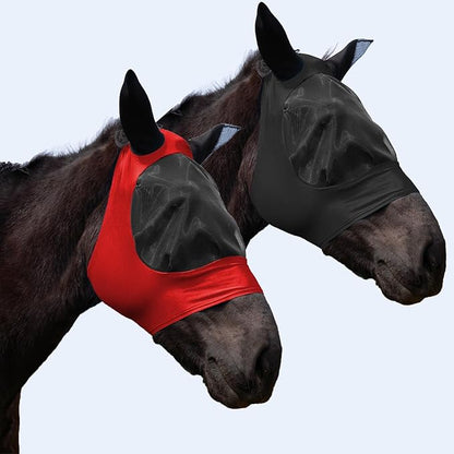 2 Piece Horse Fly Mask with Ears, Comfortable Fit Stretch Fabric Big Eye Space Soft Breathable with UV Protection for Full Horses (Red-Black)