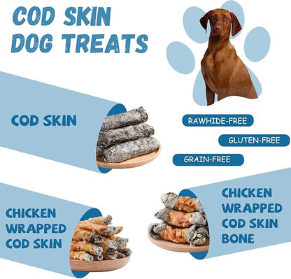 Dog Treats Chicken Wrapped Cod Skin Knotted Bones-6.5", All-Natural Healthy Fish Skin Dog Chew Treats, Rich in Omega-3 Protein, 4 Counts, 10.6 OZ