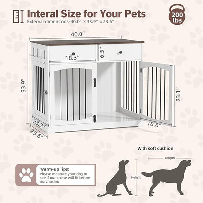 40 Inch Furniture-Style Dog Crate-Multipurpose Wood Pet Crate Furniture with Double Doors,2 Drawers, Decorative Dog House Indoor for Smal/Medium Dogs, White Finish