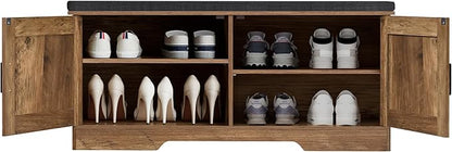 2-Tier Storage Bench, Shoe Bench with Padded Seat Cushion, Entryway Bench with 2 Barn Doors, Adjustable Shelf, 13.8" D x 39.4" W x 17.7" H, for Entryway, Living Room, Bedroom, Rustic Walnut