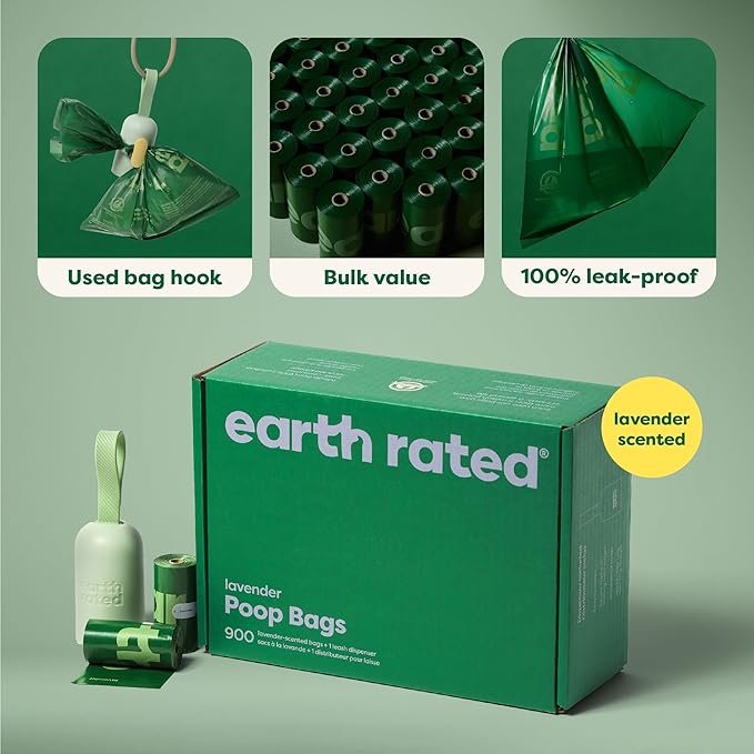 Earth Rated Dog Poop Bag Holder, Durable and Guaranteed Leakproof, Lavender Scented, 1 Dispenser and 900 Bags