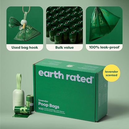 Earth Rated Dog Poop Bag Holder, Durable and Guaranteed Leakproof, Lavender Scented, 1 Dispenser and 900 Bags