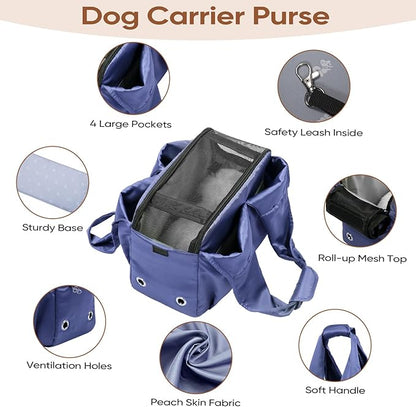 Dog Purse Carrier for Small Dogs, Cats, and Puppies – Soft-Sided Travel Pet Tote Bag with 4 Large Pockets, Foldable, Lightweight, Fits Pets up to 15 lbs, for Travel, Outings (Dark Blue)