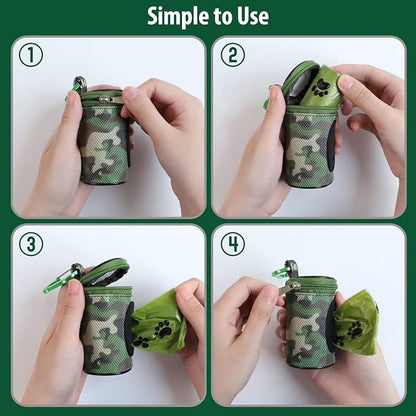 Dog Poop Bag Holder for Leash Doggie Waste Bag Dispenser Puppy Potty Carrier Small Doggy Zipper Pouch with Carabiner Clip 1680D Nylon Oxford with 1 Roll of Pet Trash Bags, Woodland Camo