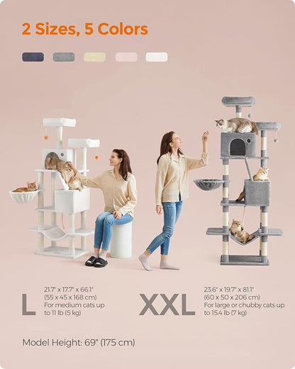 Feandrea Cat Tree, 66.1-Inch Large Cat Tower with 13 Scratching Posts, 2 Perches, 2 Caves, Basket, Hammock, Pompoms, Multi-Level Plush Cat Condo for Indoor Cats, Jelly Pink UPCT165P01