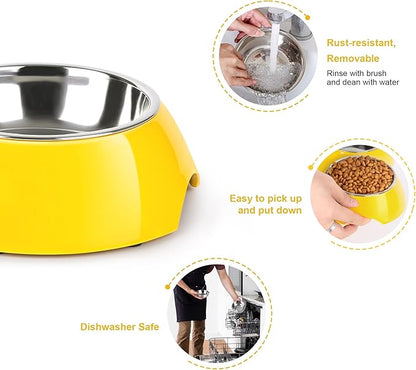 Elevated Dog Bowls Set - Non-Slip Raised Pet Feeder with Medium (2 Cups) & Large (4 Cups) Stainless Steel Bowls - Includes Durable Resin Stand for Puppies, Adult Dogs & Cats - Yellow