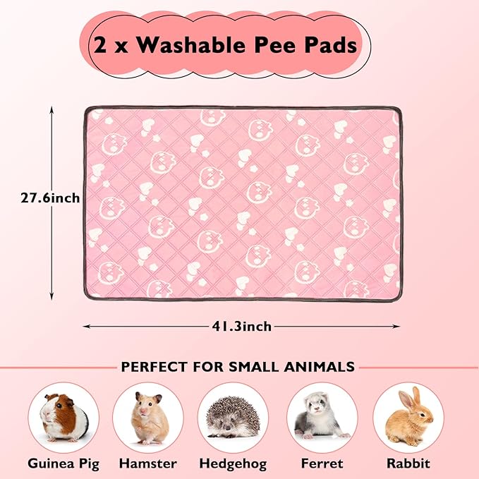 2 Pack Guinea Pig Bedding - Washable Guinea Pig Cage Liners, Waterproof Reusable & Anti Slip Pee Pads Super Absorbent Mats for Small Animals Pet Rabbit Bunny Hamster Rat (Pink, 42 x 28 Inch)