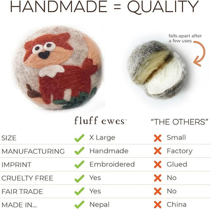 Fluff Ewes Wool Dryer Balls 6 Pack Premium New Zealand Wool Laundry Balls for Dryer, No Static Dryer Balls Laundry Reusable, XL Hedgehog Dryer Balls, Baby Dryer Balls for Dryers - Hedgehog and Homies