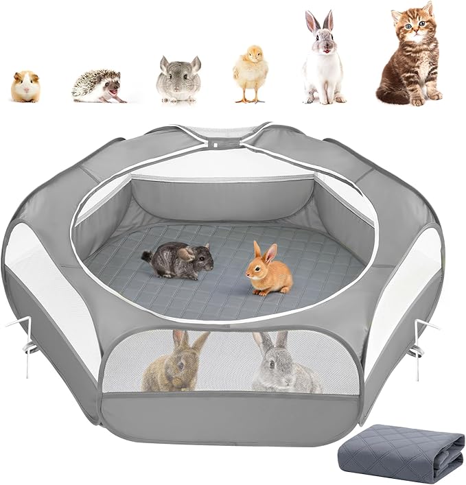 2-in-1 Small Animals Playpen with Pad, Waterproof Small Pet Cage Tent with Reusable Pad, Portable Outdoor Yard Fence with 3 Metal Rod for Chick/Kitten/Puppy/Guinea Pig/Rabbits/Chinchillas, Gray