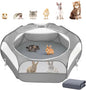 2-in-1 Small Animals Playpen with Pad, Waterproof Small Pet Cage Tent with Reusable Pad, Portable Outdoor Yard Fence with 3 Metal Rod for Chick/Kitten/Puppy/Guinea Pig/Rabbits/Chinchillas, Gray